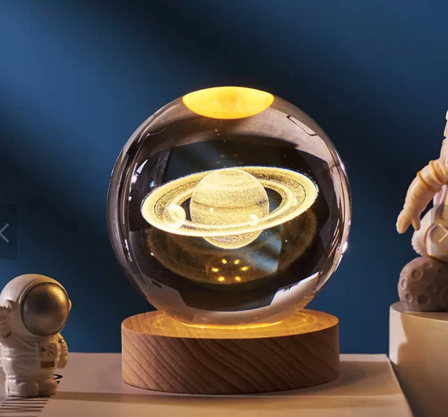 Saturn 3D Large Crystal Ball Lamp with Base and USB LED Light - Gift Box Included