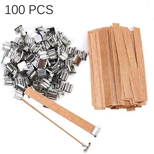 AQUEENLY Wood Candle Wicks 100 Set Natural Wick with Iron Stand for DIY Candle Making, 5.1 x 0.6 inch
