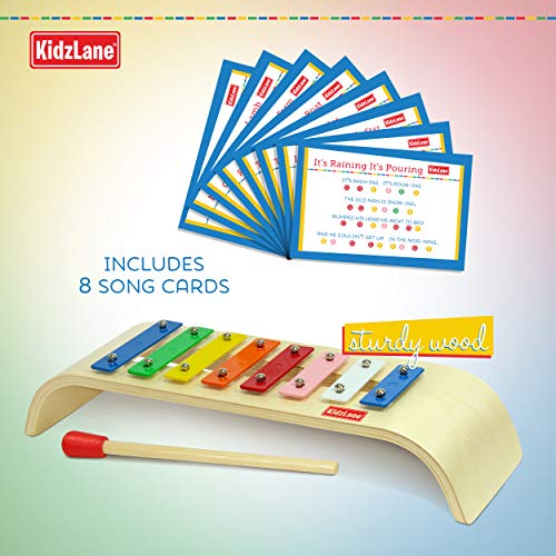 Kidzlane My First Xylophone for Kids 8 Song Learning Cards, Rubber Tip Mallet, Wooden Base