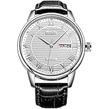 SONGDU Mens Dress Watch Day Date Analog with Roman Numeral and Black Calfskin Leather Strap