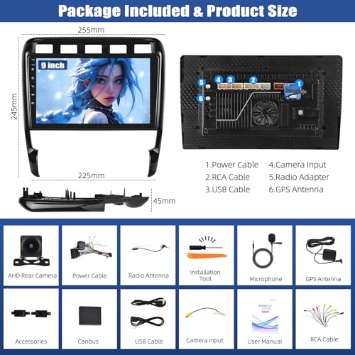 CAMECHO Qualcomm 8-Core 4+64G Android 15 DSP Car Radio for Porsche Cayenne 2002-2010 with Rear View Camera, 9 Inch Wireless Carplay Bluetooth Radio with Android Auto WiFi GPS FM/RDS Mirror Link