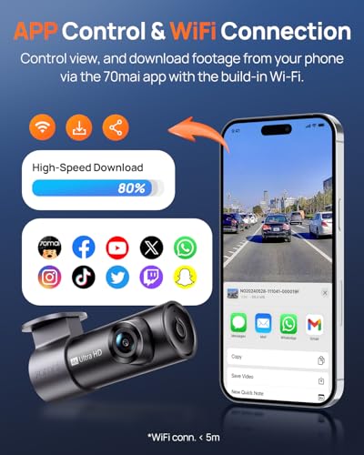 70mai 4K Front Dash Cam Built in WiFi, Smart Dash Camera for Cars, WDR, Night Vision, iOS/Android Mobile App, WDR, Night Vision, Loop Recording, Parking Monitor, Time-Lapse (M310 Plus 4K) (2160P)