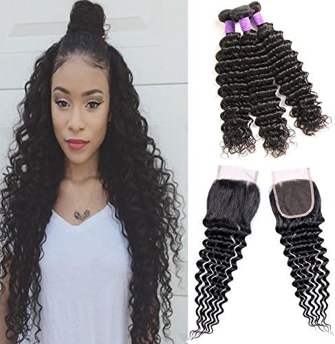 Ossilee Hair Deep Wave 4×4 Lace Closure with Bundles Brazilian Virgin Hair Deep Wave Bundles with Closure Deep Wave 4×4 Free Part Lace Closure with Hair Wefts (12 12 12+10closure, Natural Color)