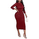 Women's Sexy 3/4 Sleeve Midi Dress Ruched Bodycon Solid Evening Party Vintage Church Dresses