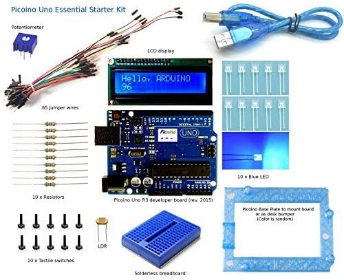 Picoino Uno R3 (100% Arduino Uno Compatible) Essential Starter Kit with LCD, breadboard, jumper wires, assorted electronic parts