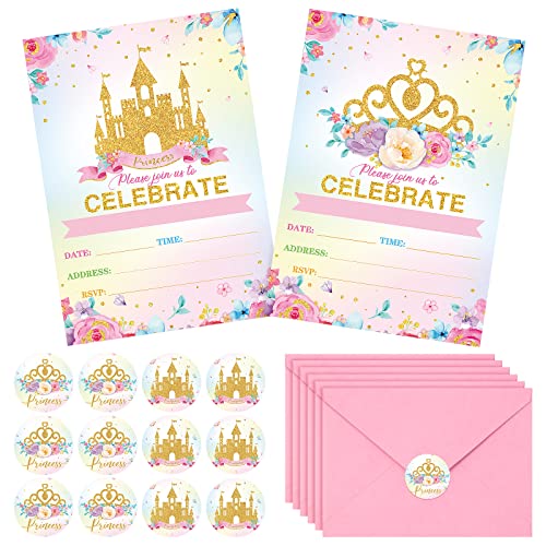 TaoBary 24 Set Pink Princess Baby Shower Invitations for Girl, Princess Birthday Party Invitations Cards with Envelopes, and Stickers for Party Favors Girls Castle Supplies(Happy Birthday)