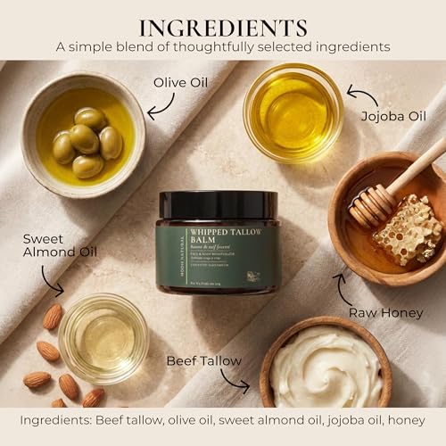 Whipped Beef Tallow Moisturizer - 100% Grass-Fed Tallow Face Balm with Honey, Jojoba Oil, Olive Oil & Sweet Almond Oil - Unscented - 120ml/4oz