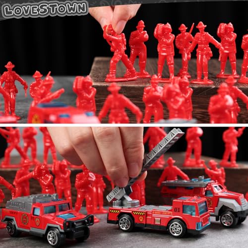 LovesTown 50PCS Fire Truck Toy Set, 6PCS Die-cast Small Rescue Emergency Vehicles Red Fire Trucks 44PCS Firemen Toy Figures for Kids Boys Birthday