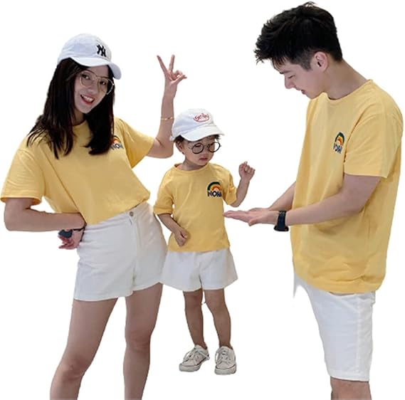 Amazon Co Jp 親子 ペアルック Tシャツ 可愛い おそろい 親子服 夏 シンプル カジュアル 半袖 親子 S M L Xl 2xl 3xl イエロー トップス 虹 子供身長75 145cmまで対応 大人 40kg 95kgまで対応 服 ファッション小物
