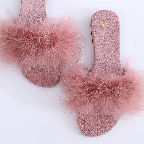 Amélie Home Women\'s Sexy Fashion Slide Slippers - Blush Furry Turkey Feather Open Toe Comfy Fuzzy Suede Lined House Sandals for Spring & Summer,Size 6