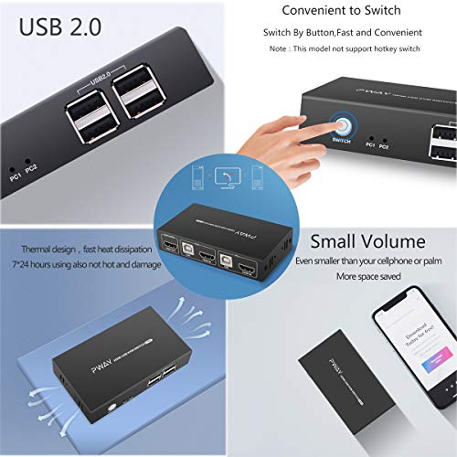 GREATHTEK KVM Switch HDMI 2 Port Box, Support UHD 4K@30Hz, Downward Compatible, with 4 USB 2.0 Hub and Cables - Thumbnail 2