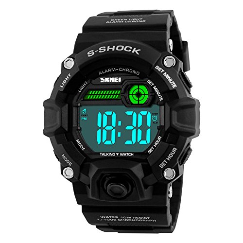Men Outdoor English Talking Watch LED Digital Military Wristwatch With Silicone Band Voice Broadcast Time Watches-black