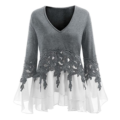 vermers Fashion Womens Tops Casual Applique Flowy Chiffon V-Neck Long Sleeve Blouse(5XL, Gray)