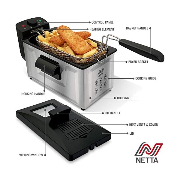 NETTA 3L Deep Fat Fryer with a Viewing Window, 700g Capacity, Temperature Control, Non-Slip Feet, Easy Clean, Powerful…