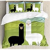 Ambesonne Llama Duvet Cover Set, Alpacas in Love in The Mountains Argentina Fauna Animals with Contrasting Colors, Decorative 3 Piece Bedding Set with 2 Pillow Shams, Queen Size, Green Blue