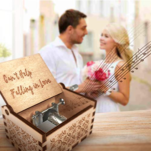 Ucuber Music Box for Valentine's Day - Wood Laser Engraved Vintage Hand Cranked Cute Boxes | Can't Help Falling in Love | Best Gifts for Wedding Day/Christmas Day/Birthday