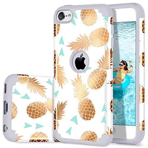 iPod Touch 6 Case, iPod Touch 5 Case, Pineapple Design DUEDUE Slim Hybrid Hard PC Soft Rubber Silicone Anti-Scratch Shockproof Protective Case Cover for Apple iPod Touch 5/6th Generation,White/Gold