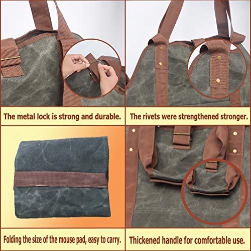 GERYMU Firewood Carrier Canvas Tote Bag with Pocket, Fireplace Tools Wood Rack Waterproof, Fire Pit Log Accessories Double Handle (Dark Green)