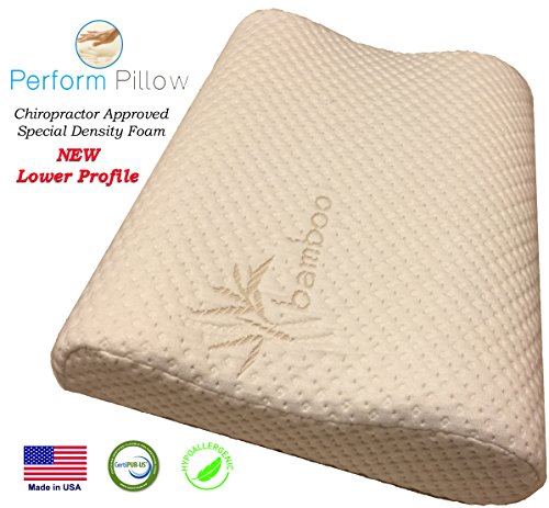 Thin Profile Memory Foam Neck Pillow - Double Contour - Chiropractor Approved - Washable Soft Bamboo Cover - Great for Neck Pain, Sleeping (Thin Profile)