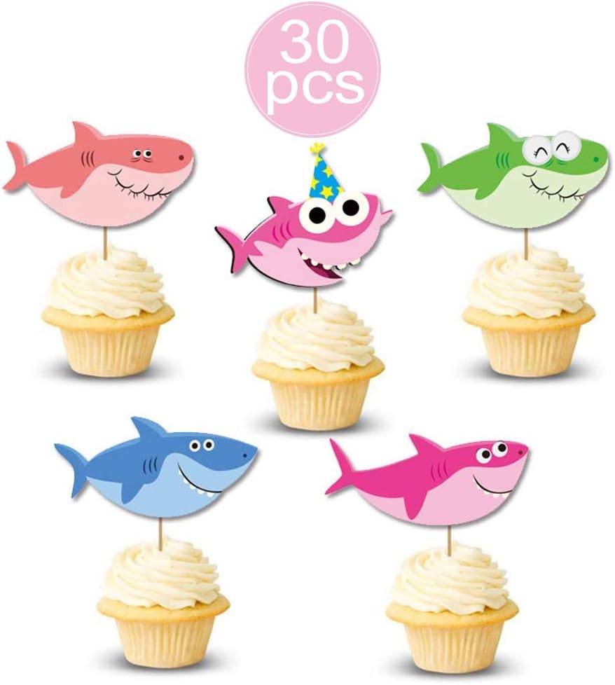 Vodolo Baby Little Shark Cupcake Toppers - Shark Family Cupcake Picks for Baby Shower Shark Theme Birthday Party Decorations Supplies (30Pcs)