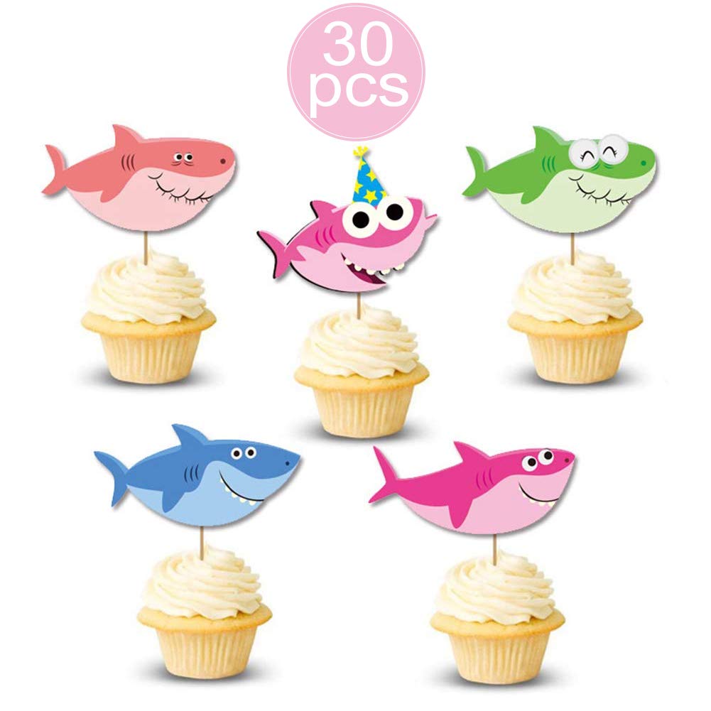 Vodolo (30Pcs) Shark Cupcake Toppers - Pink Shark Family Cupcake Sticks Little Shark Picks for Baby Shower Shark Theme Birthday Party Decorations Supplies