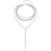 Qcrcandy Layered Wedding Choker Rhinestone Necklace Sparkly Long Crystal Neck Chain for Women