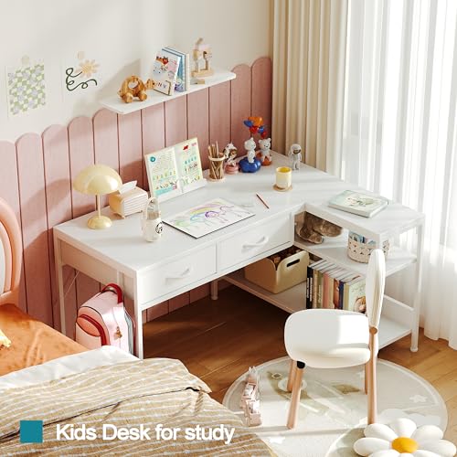 CAIYUN L Shaped Computer Desk with 2 Drawers, 39 Inch Office Corner Desk with 2 Storage Shelves, Working Table Study Table for Home Office Desk, White