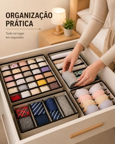 Kit Organizador de Gaveta 4 Peças, TNT Dobrável, com 24, 8, 7 e 6 Divisórias para Roupas Íntimas, Meias e Sutiã (Bege)