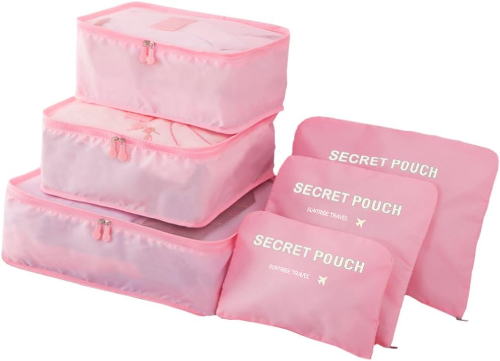 Packing Cubes - 6Pcs Travel Luggage Organiser Suitcase Compression Pouches Storage Bag (Pink)