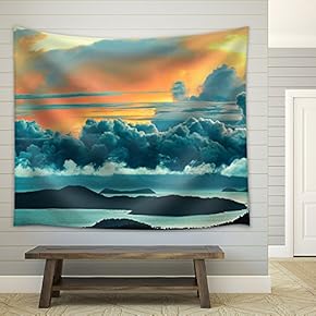 Nature Landscape. Scenic View of Paradise Island During Sunset Or Sunrise Over The Sea - Fabric Wall Tapestry Home Decor - 51x60 inches