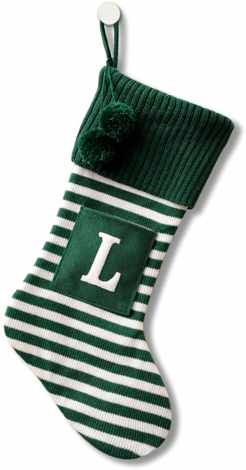 Stockings & Holders - 20 Inches Initial Monogram Embroidered Christmas Stocking Striped knitted Christmas Decorations Stocking Red,White, Green Letter Stockings for Family Holiday and Xmas Tree Fireplace Decor-50-L-Green