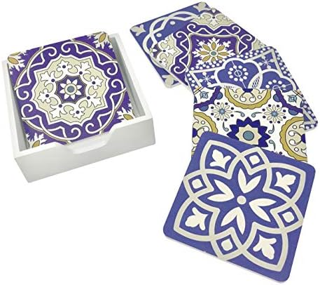 6 Pack - Moroccan Tile Design Drink Coasters Table Set - Colorful Traditional Lisbon Style Art
