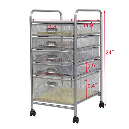 100% Metal Mesh 5 Drawer Rolling Cart Storage Organizer File Basket Cart Office&Home Cabinet-Silver