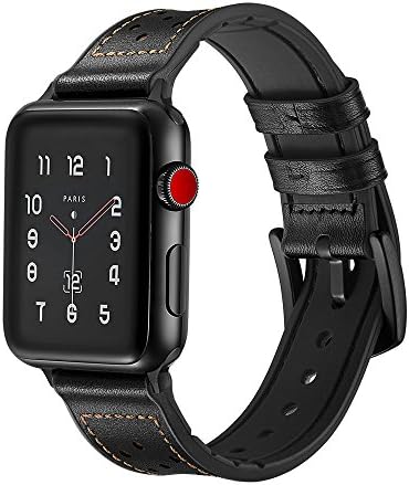 Soon Genuine Leather Band Compatible Apple Watch Series 4 (44mm) Series 3 2 1 (42mm) Sport and Edition Hybrid Strap with Air Hole - Black