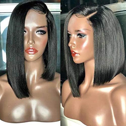 Cosswigs Layered Hair Cut Bob Wig for Women, Natural Black Lace Front Wig Straight Heat Resistant Synthetic Hair with Free Cap 14inches