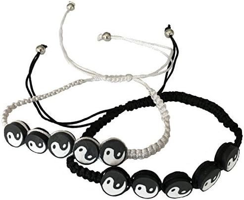 HGS Yin Yang Handmade Braided Macramé Bracelets Wristband, Set of 2, Black and White, Unisex
