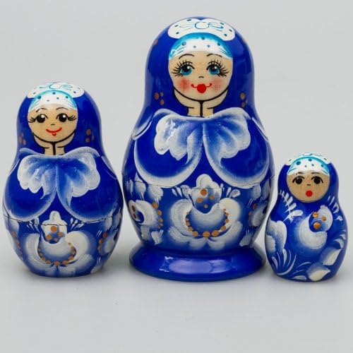 Matryoshka 3pcs Gzhel New Beautiful Blue Wooden Russian Nesting Dolls Gift Matreshka Handmade