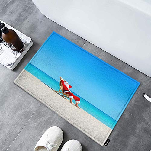 Mugod Santa Claus Indoor/Outdoor Doormat Christmas Santa Claus Relaxing on Sunlounger at Ocean Sandy Beach Funny Doormats Bathroom Kitchen Decor Area Rug Non Slip Entrance Door Floor Mats, 18" X 30"
