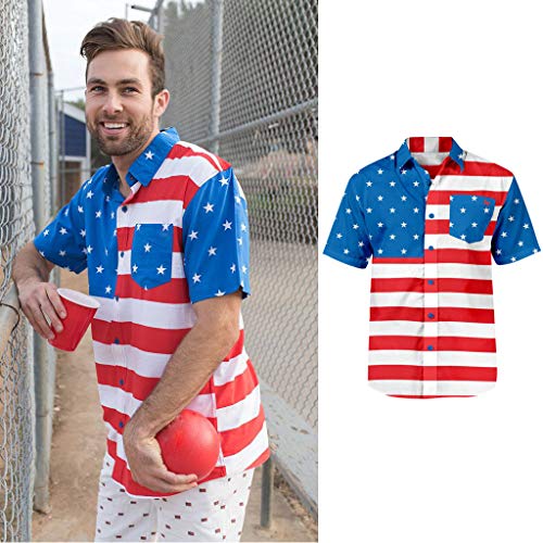 Ximandi Man American Flag Print Short Sleeve Pocket Buttons Printed T-Shirt Blouse