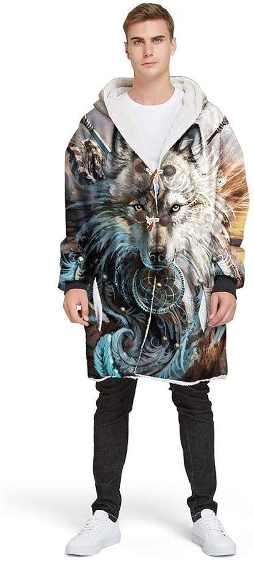 Wolf Hooded Blanket, With Sleeves For Women/Men Portable Fleece Blanket Lazy Sofa Winter Warm
