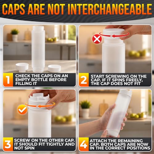 Set of 6 Inverted Condiment Squeeze Bottles 16 oz – Upgraded Design with Added Sealing Gaskets, Self-Closing Valve, Easy-to-Fill Clear Bottles for Sauces, Dressings, Ketchup, Mustard for Everyday Use