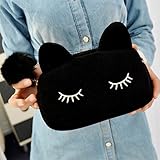 Sleepy Kitty Cat Clutch Handbag Purse Makeup Brush Pencil Bag Case Cute Kawaii K-Wave Cosmetic Pouch Kitten Fashion (Black)