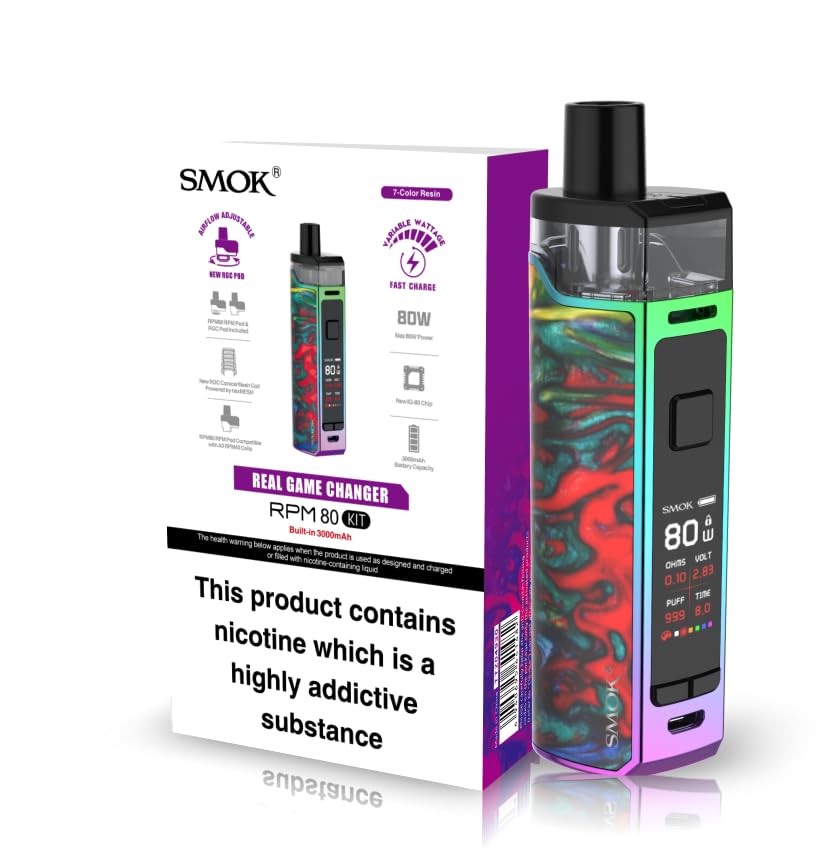 SMOK RPM80 Vape Kit [7 Color Resin] - Rechargeable 3000 mAH Battery, Refillable, Compact, User-Friendly, Balance of Power and Portability, Compatible with All RPM Coils, 2mL, E Cigarette, No Nicotine