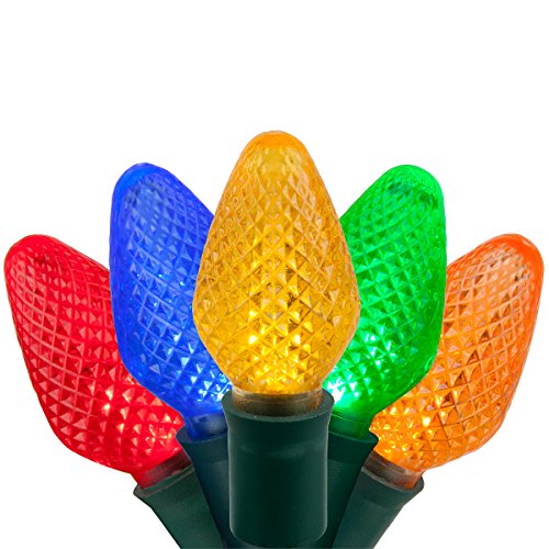 C7 LED Faceted Multicolor Prelamped Light Set, Green Wire - 25 C7 Multi Color LED Christmas Lights, 8" Spacing