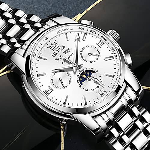 OLEVS Automatic Mens Watches Mechanical Luxury Dress Moon Phase Stainless Steel Waterproof Luminous Calendar Wrist Watches,White,Mechanical