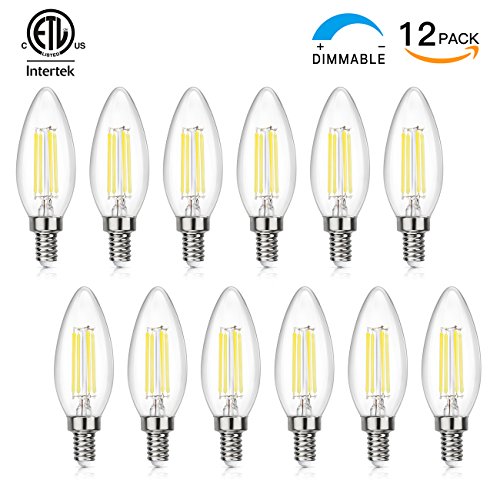 SHINE HAI Candelabra LED Filament Bulbs Dimmable 40W Equivalent, 5000K Chandelier B11 LED Bulb E12 Base Decorative Candle Light Bulb, ETL Listed (12-Pack)