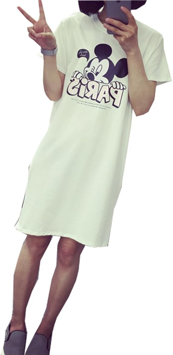 Amazon Co Jp Qiangui 夏 ワンピース レディース ミッキー ワンピース ミッキーマウス ワンピース ひざ丈 半袖 無地 ゆったり 体型カバー クルーネック かわいい カジュアル シンプル オシャレ 着痩せ デート 遊び 日常服 部屋着 ルームウェア フリーサイズ ホワイト