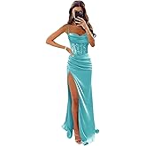 Wchecalino Satin Mermaid Prom Dresses Long 2026 Spaghetti Straps Sparkly Corset Formal Evening Party Gowns with Slit