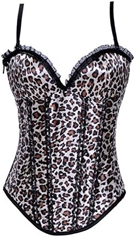 Women's Leopard Print Plastic Boned Overbust Lace Up Back Corset,Black,Large