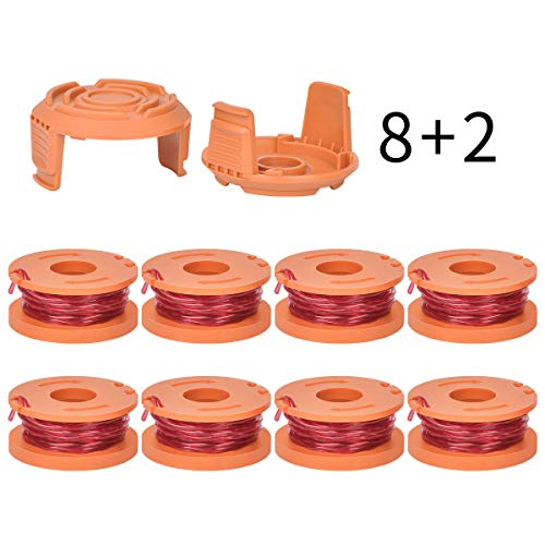 Generep Weed Eater String Generic Replacement Trimmer Line for Worx WA0010 WG180 WG163 Spools,10 ft/0.065 Inch Trimmer String Refills Parts,WA6531 GT Spools Cap Cover(8 Spools, 2 Caps)